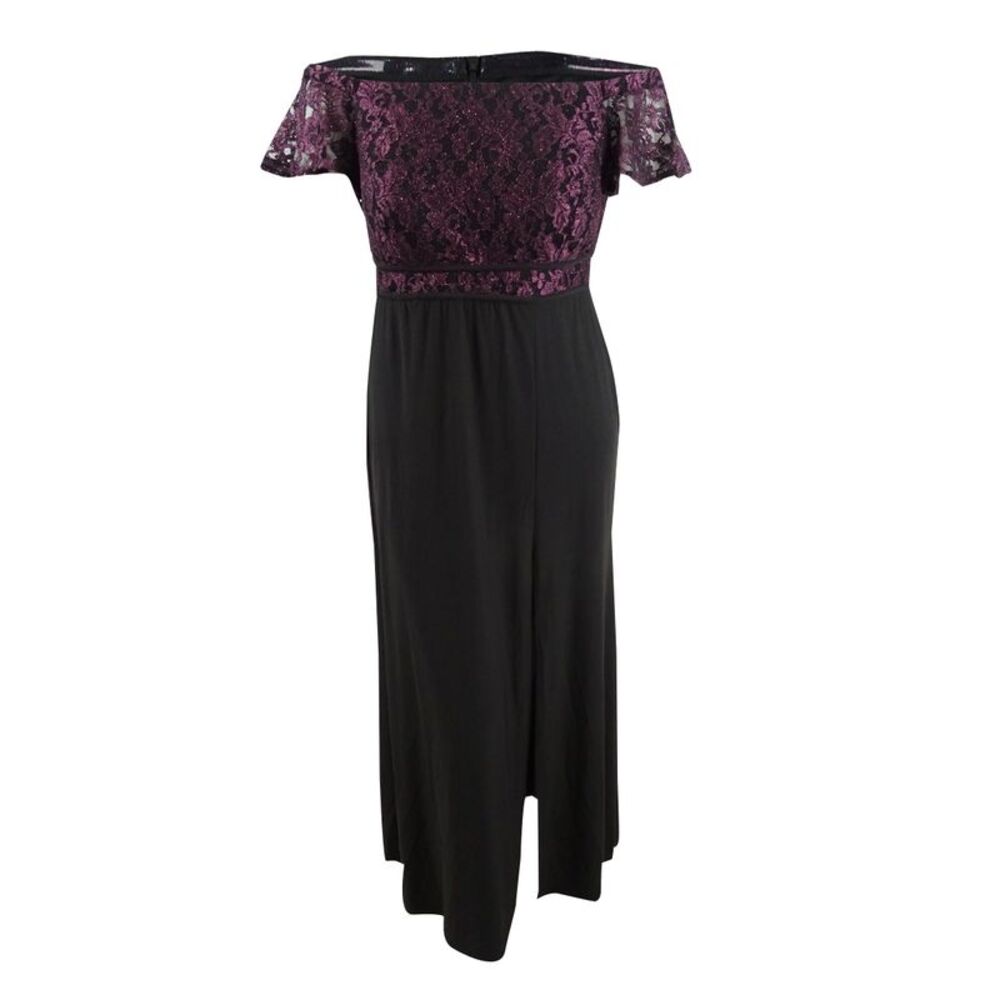 Nightway Women's Plus Size Off-The-Shoulder Gown - Sangria/Black